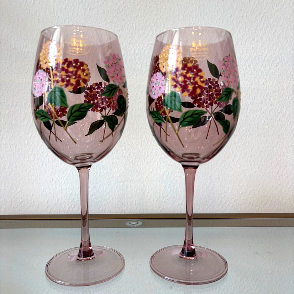 NEW Hand Painted Hydrangea Wine Glasses Set of 2 Chic Fall Barware